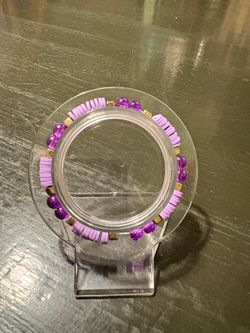 Homemade Purple Beaded Clay Stretch Bracelet w/ Gold Square Spacers