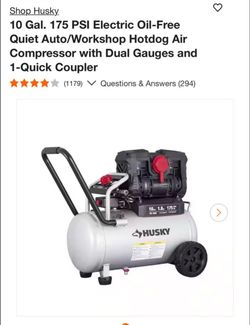 Husky 10 Gal. 175 PSI Electric Oil-Free Quiet Auto/Workshop Hotdog Air Compressor with Dual Gauges and 1-Quick Coupler like new