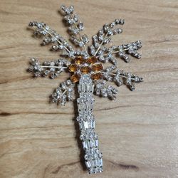 Kirks Folly Palm Tree Brooch Pin with Crystals Clear White Orange Silvertone 3.25"