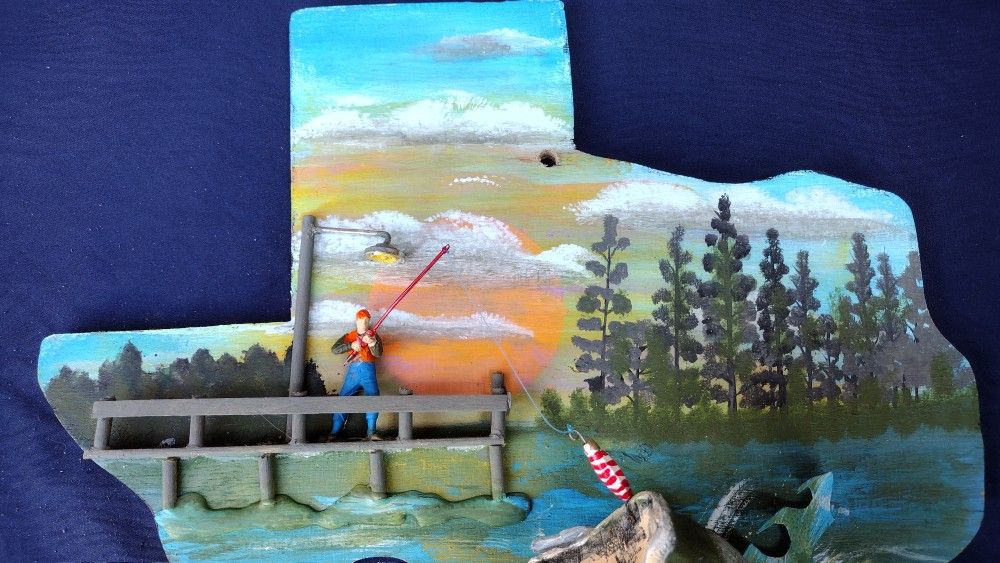 WOODEN WALL DECORATION BASS FISHING SUNDOWN