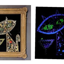 I SPY Uranium Glass Jewelry Art LUCKY Atomic Smoking Cat Picture W/Martini!