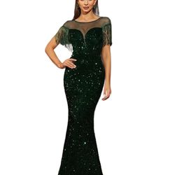 Emerald Green Sequin Evening Gown, Mermaid Style, Sheer Sleeve with Fringe Detail, Long Formal Dress