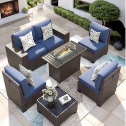 7 Piece sdPatio Furniture Set & Fire Pit Table,Sets Wicker Rattan Sectional Sofa with Coffee Table