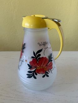 Rare Vintage 1950's Hazel Atlas Glass Hand Painted Poppy Batter Waffle Syrup Pitcher 🥞 🌺