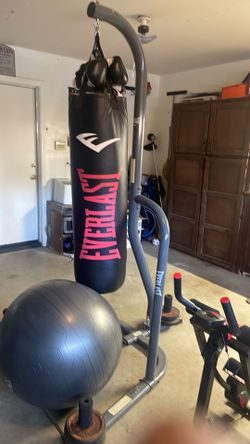 Punching bag, gloves, and stand