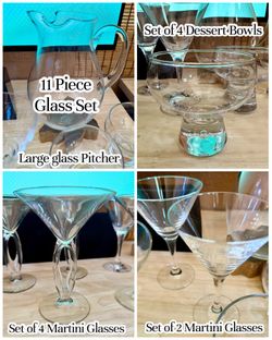 Elegant Pitcher, Dessert & Martini Glassware set - 4 dessert bowls, 6 martini glasses & pitcher