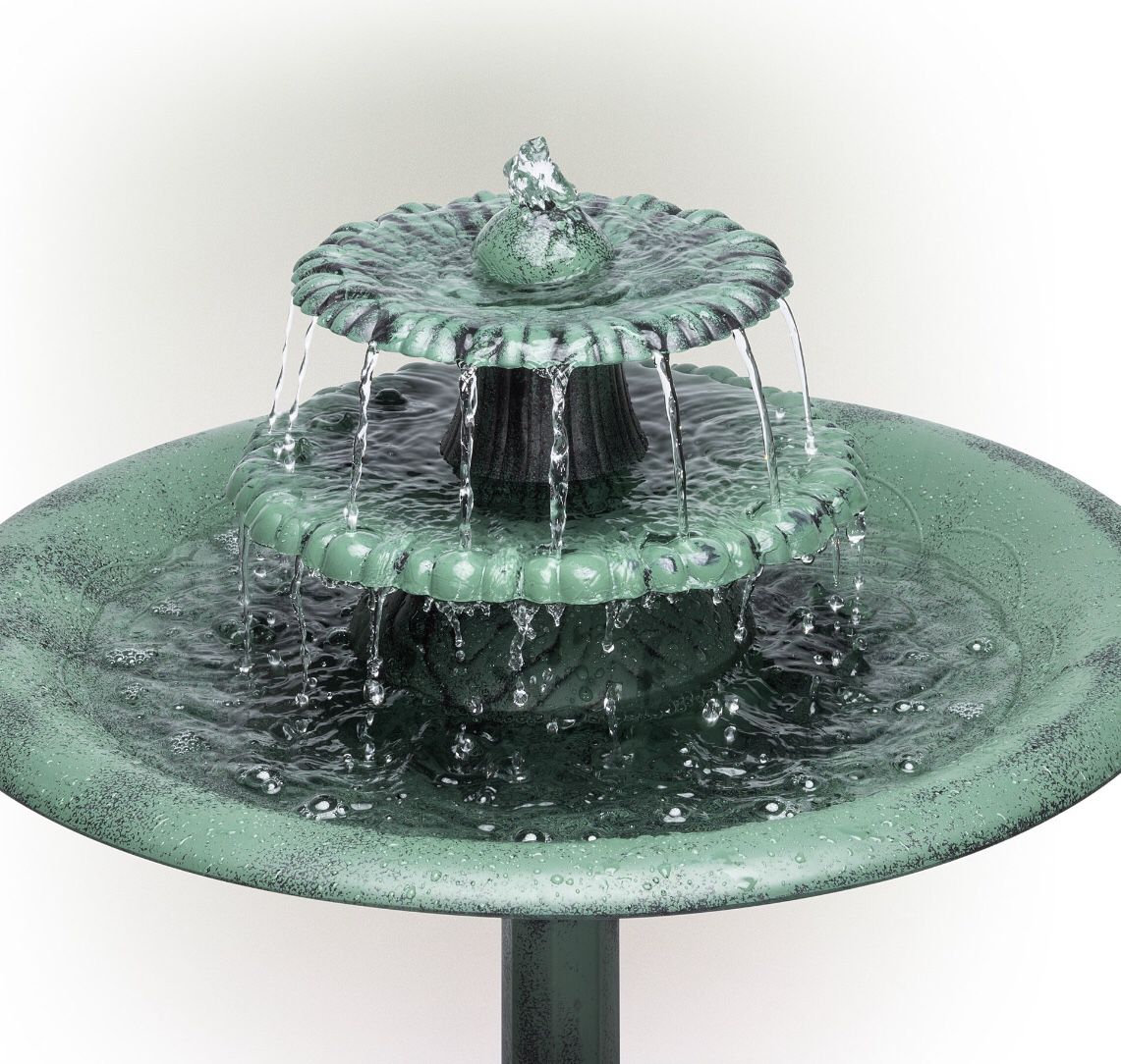 Alpine Corporation Plastic 3-Tier Vintage Pedestal Electric Water Fountain and Bird Bath- Set of 2