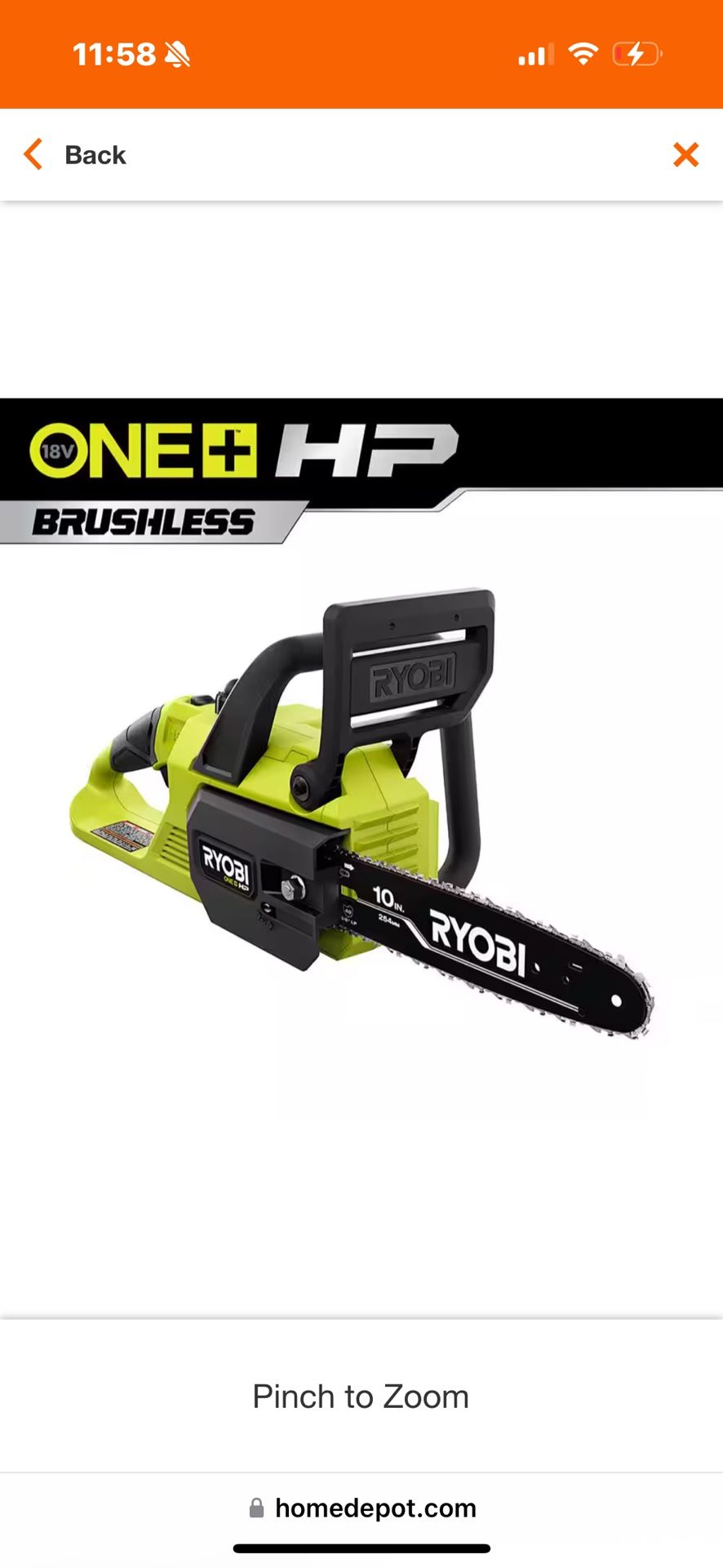 RYOBI Cordless Battery Chainsaw, 10