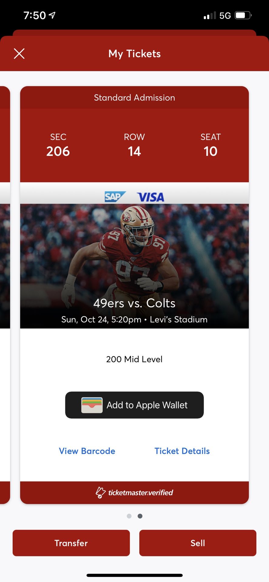 2 Tickets SNF 49ers Vs Colts