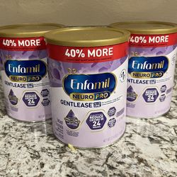 3 LARGE 27.4 Oz CANS of Enfamil Neuro Pro Gentlease Sensitive Baby Formula  40% More Free/40% Mas Gratis