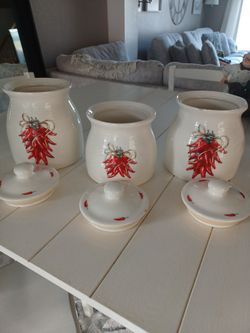 Ceramic chili Print Canisters.