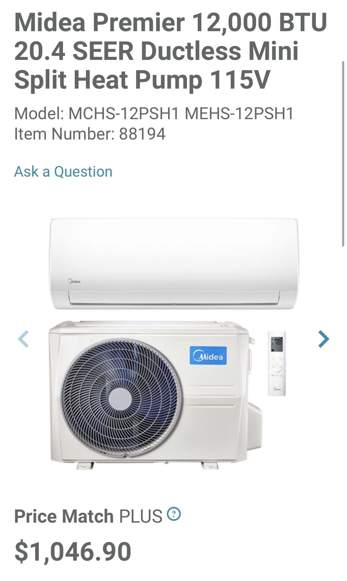 Midea Premier 12,000 BTU 20.4 SEER Ductless Mini Split Heat Pump 115V