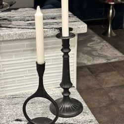 2 Metal Iron Tall Candle Holders With Candles 12 And 10”