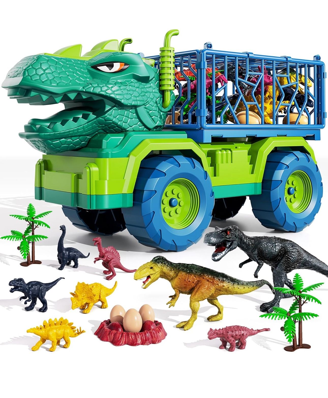 Dinosaur Truck Toys for Kids 3-5 Years, Tyrannosaurus Transport Car Carrier Truck with 8 Dinosaur Figures, Activity Play Mat, Dinosaur Eggs, Trees, Ca