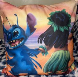 Disney's Stitch and Lilo in a tropical Hawaiian scene throw pillow