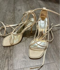 JLo Gold Strappy Rhinestone Lace-Up Heels