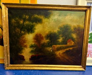 Framed Vintage-Style Landscape Painting - Rustic Cottage Wall Art (34" × 27")
