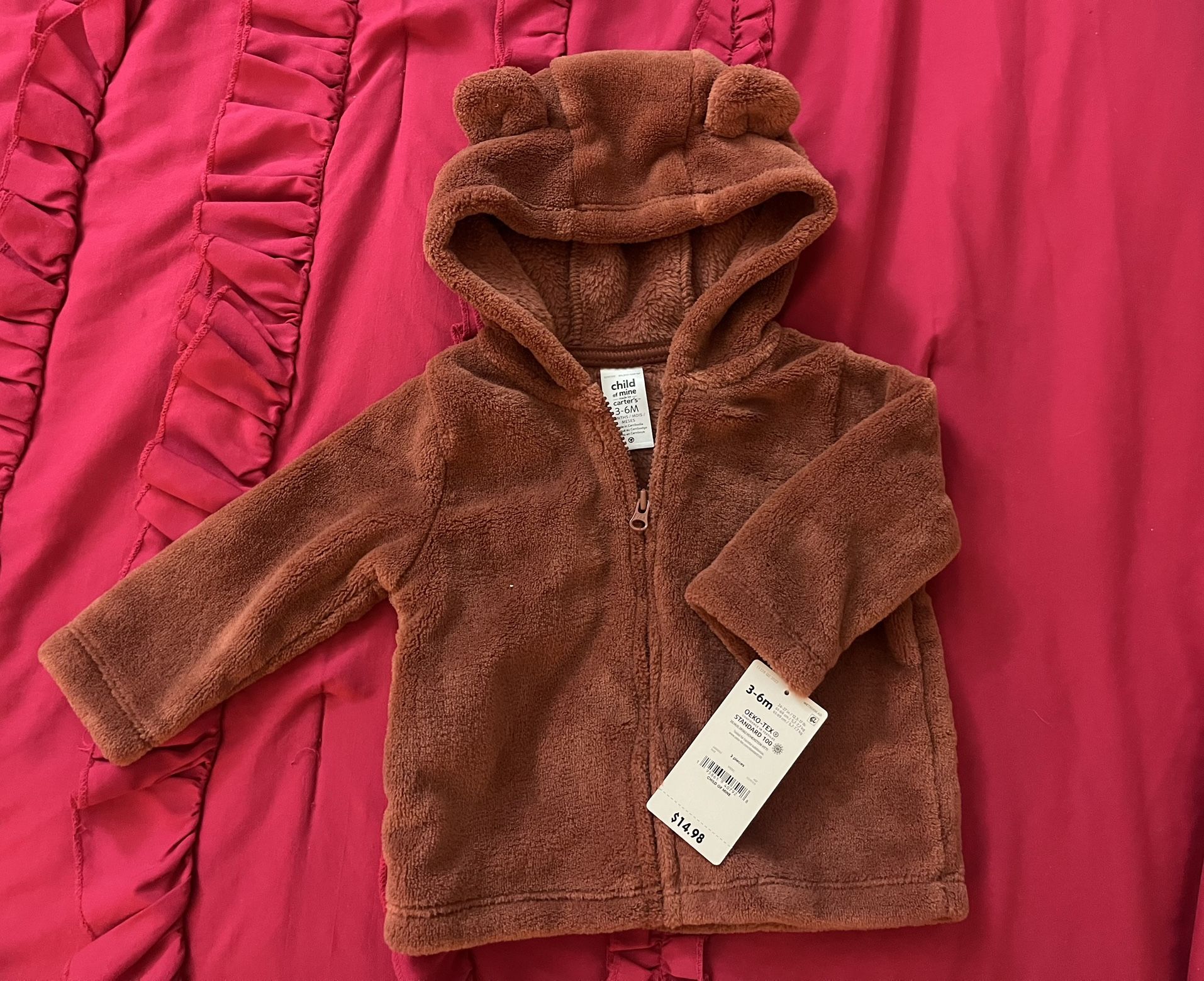 Carter's Sherpa Jacket Bear Ear Hooded Zip Up Brown Coat Infants Size 3-6 mo