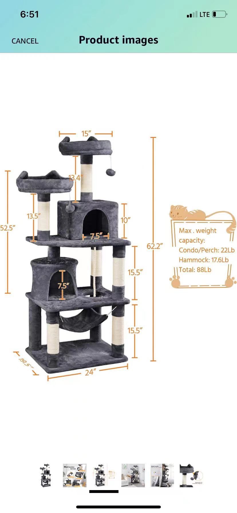 62.2 inches Cat Tree with Double Condos, Scratching Posts & Hammock, Kitty Activity Tree Center Kitten Play House, Dark Gray