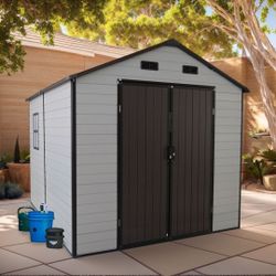 8x8x7.6FT Outdoor Resin Storage
Shed with Windows, Strong
Aluminum Frame & Floor for
Garden, Backyard Organization
White+Brown)