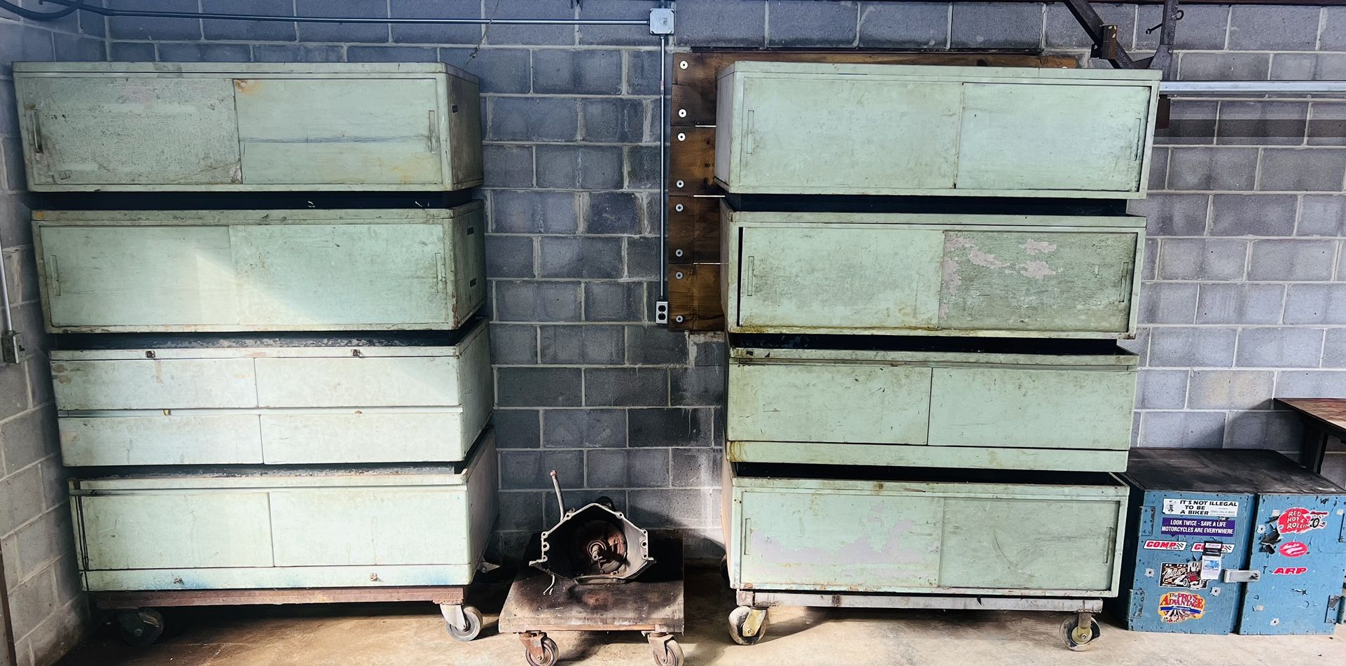 A Pair Of Vintage Custom Metal Storage Organizers On Steel Rolling Cart