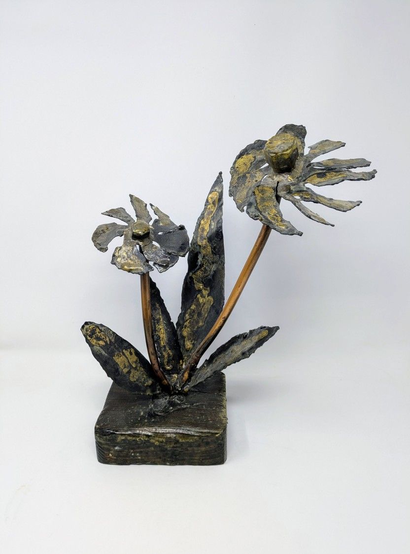 Vintage MCM Brutalist Welded Metal Flowers Sculpture