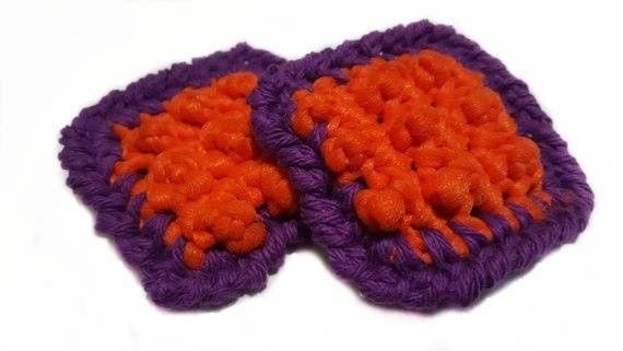 Halloween Pot Srubbers Square Nylon Tulle Netting Dish Scrubbies-Double Sided Cotton Set of 2-Orange & Purple-Handmade