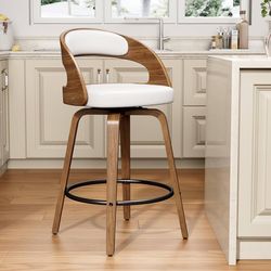 26" Counter Height Bentwood Barstool, Mid-Century Modern PU Leather Upholstered Bar Chair