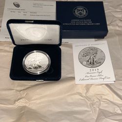 2019 American Eagle One Ounce Silver ENHANCED REVERSE Proof Coin 19XE COA# 00927