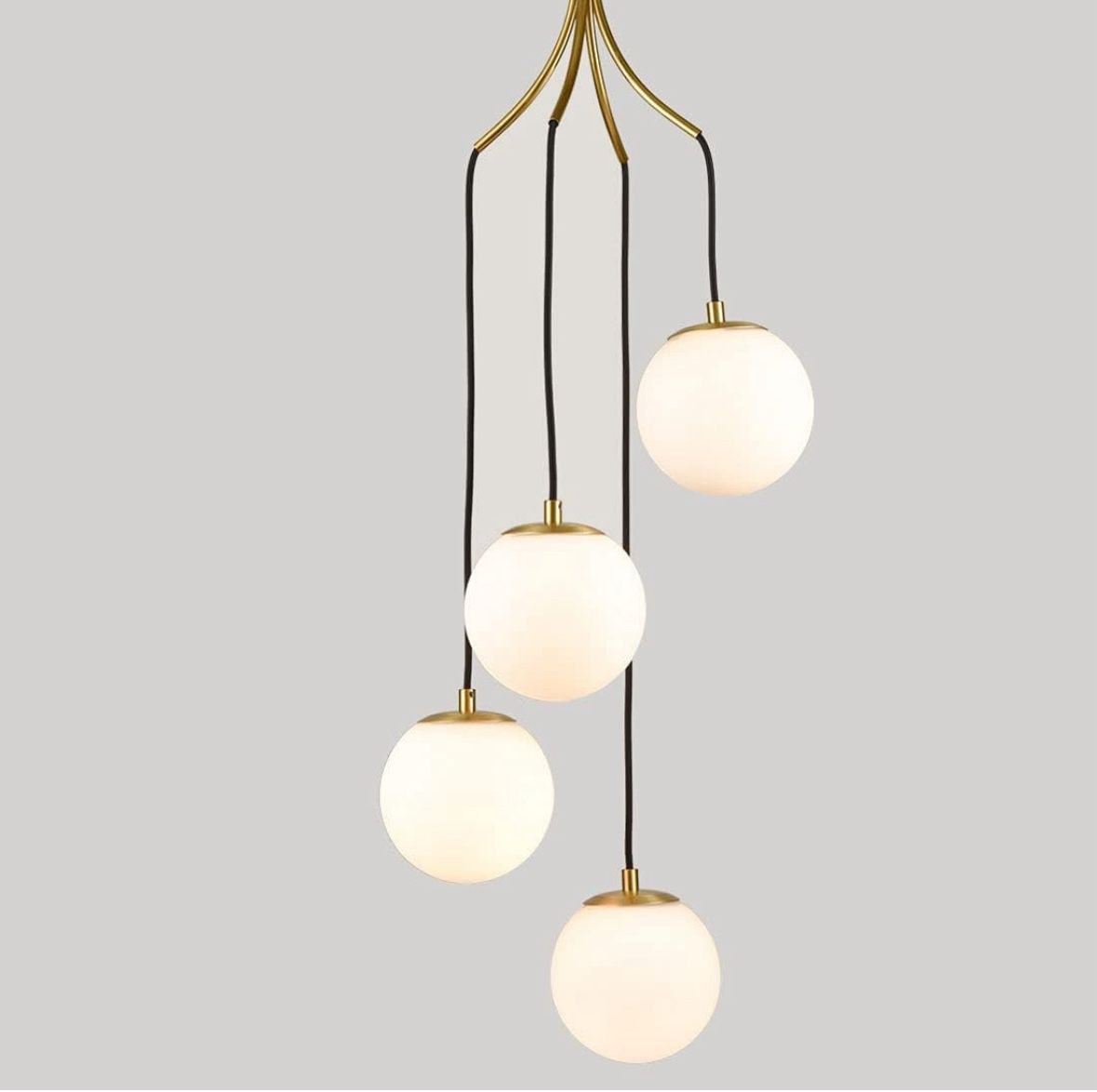 Mid Century Modern Pendant Lighting 4 Light Globe Chandeliers White Opal Glass Shade Brass