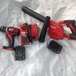 Milwaukee Drill And Compact Blower With Battery And Charger 