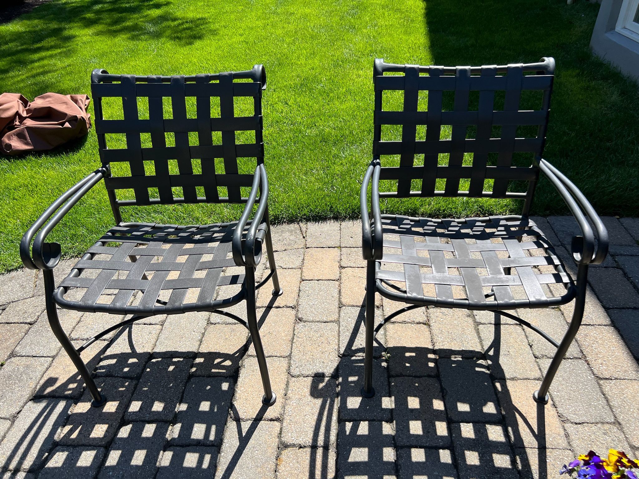 5 Outdoor Chairs in VG Condition Each measures 23”w x 17”sd x 17”sh x 33”h.