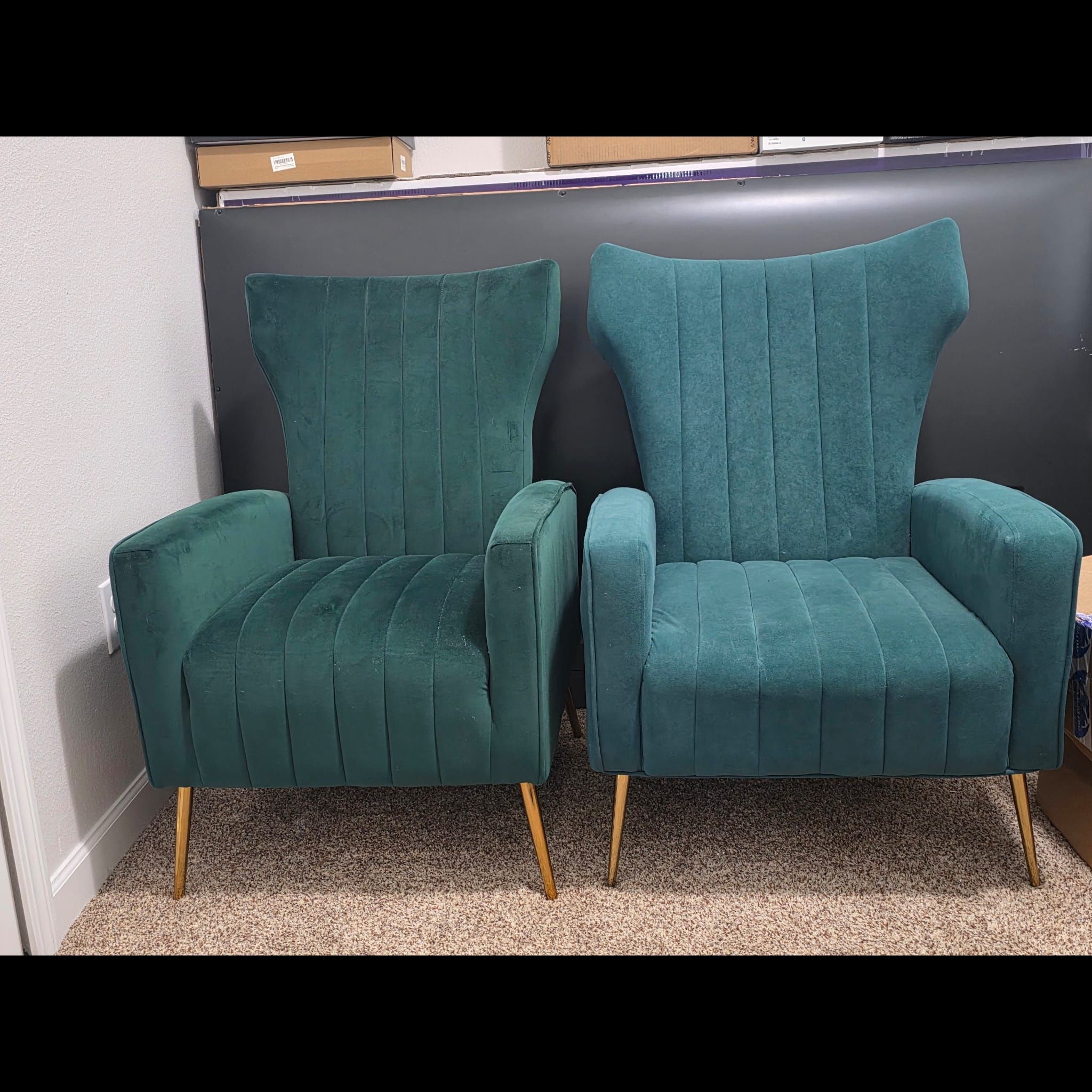 2 Velvet Wingback Armchairs With gold legs, Not the same exact color or brand but nearly identical