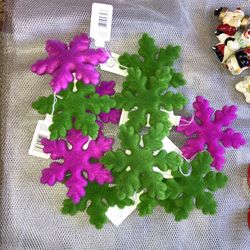 NEW Flocked Pink/Green Snowflake Ornaments 