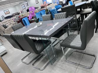 Modern Gray Gloss Dining Table with 6 Chairs 🥳🥳