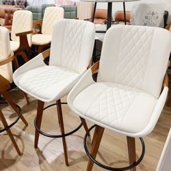 26”Inch Bar Height Bar Stools Set of 2, Upholstered PU Swivel Barstools with Curved Back and Arms, Modern Mid Century Barstools for Bar/Cafe/Pub, Cold