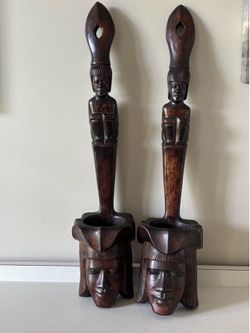 vintage hand-carved wood Igorot offering bowls from the Philippines, featuring anthropomorphic figures