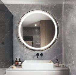 KLC 18 Inch Black Round LED Mirror for Bathroom, Round Lighted Mirror with Smart Touchless Sensor, Dimmable Wall Mounted Vanity Mirror with 3 Lighting