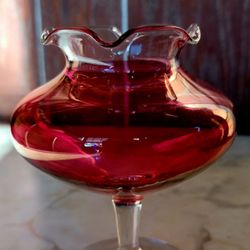 Vintage Ruby Red Flash Glass Pedestal Bubble Vase Fluted Edge 5 1/2"