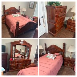 Solid Wood Bedroom Set Queen Bed 2 nightstands Dresser w/ mirror and 5 drawer Chest of Drawers  Mattress and Box Spring NOT included.  BUY ALL $800 Or