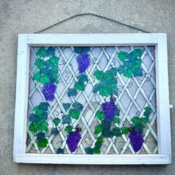 Hand Painted Grapes on Lattice on Large Vintage Window—See Pics for Measurements 