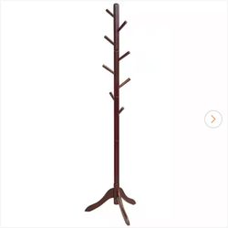 Brown Wooden Coat Rack Stand Entryway Hall Tree 2-Adjustable Height with 8-Hooks