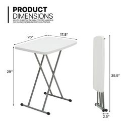 Folding Table, 26" Height Adjustable TV Tray, Portable Plastic Top Metal Frame Laptop Desk, White