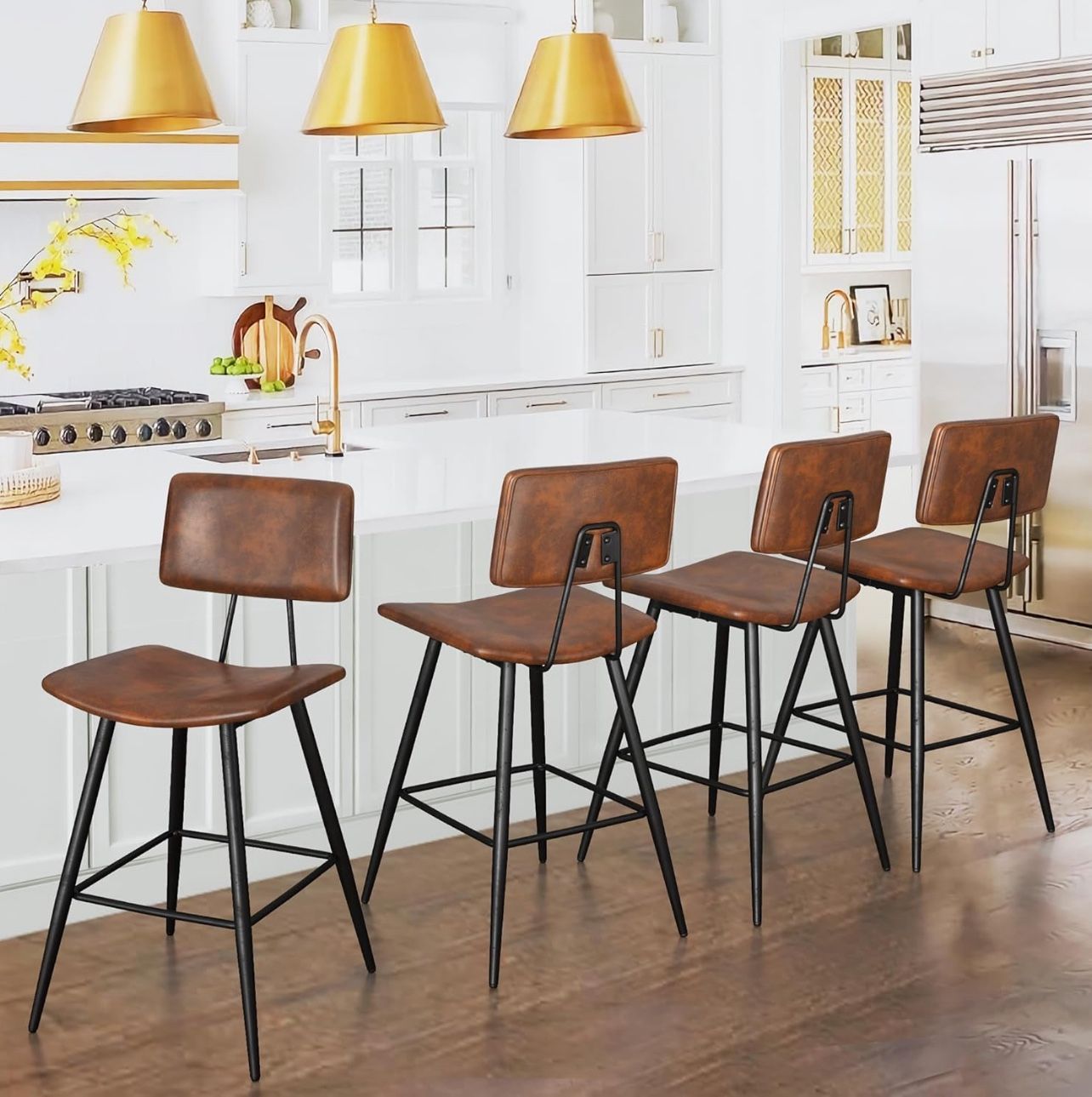 24.5" Red Brown Bar Stools Set of 4, Faux Leather Upholstered Counter Height Bar Stools with Backs, Metal Footrest and Legs, Armless Bar Chairs for Ki