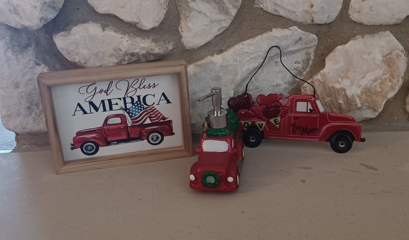 Red pickup truck decor:  framed plaque, lotion/soap dispenser, metal sign All For $6