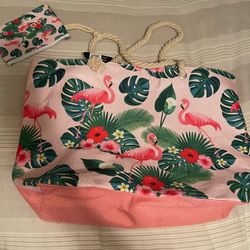 Flamingo print beach tote bag