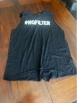 Black sleeve tank top with a white no filter, graphic on the chest small