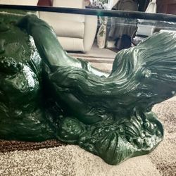 Heavy Vintage Large Dark Green  Mermaid Coffee Table with a glass Top. With Dolphin The mermaid is sculpted in a Reclining pose
