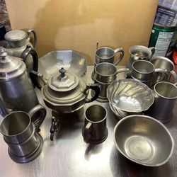 Lot Of Vintage Pewter Cups, Bowls And Other Stuff