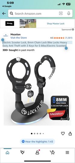Electric Scooter Lock, 8mm Chain Lock Bike Locks Heavy Duty Anti Theft with 3 Keys for E-Bike/Electric Scooters.  Only $30/firm